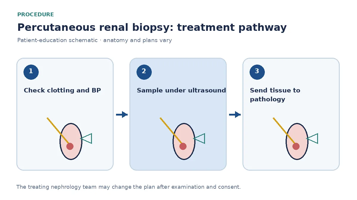 Step-by-step kidney-biopsy pathway showing laboratory checks, ultrasound-guided sampling and pathology review