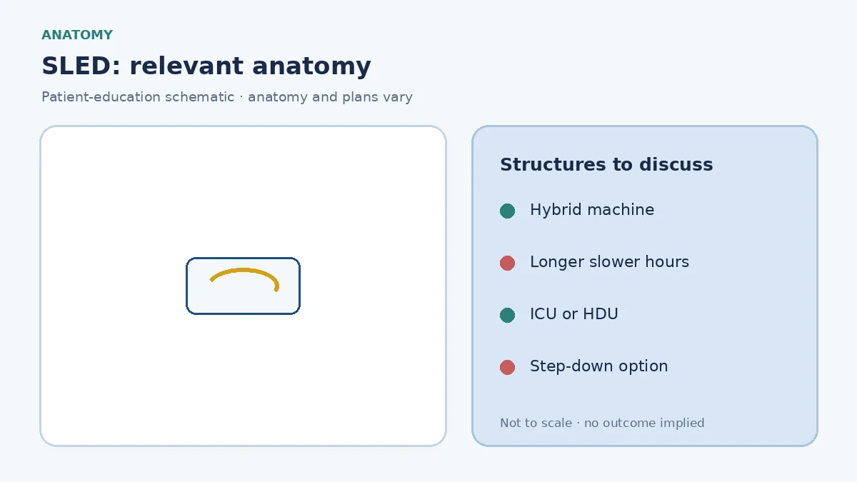 Medical infographic of SLED showing a slower, longer hybrid dialysis circuit used in ICU or HDU