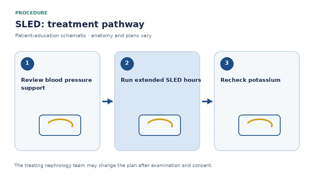 Step-by-step SLED pathway showing haemodynamic review, extended dialysis hours and laboratory checks
