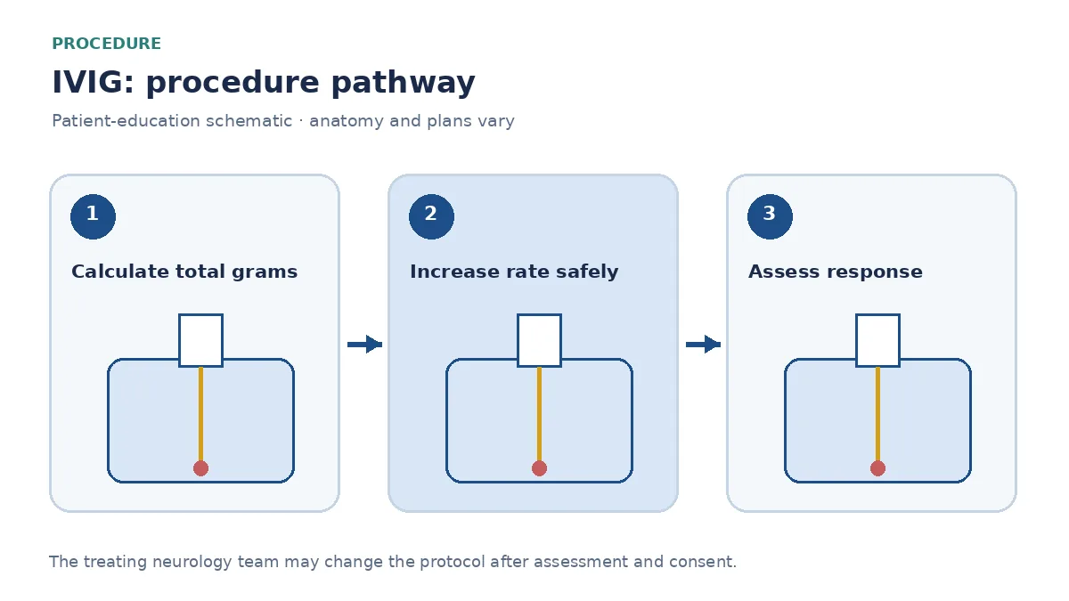 Numbered IVIG pathway showing dose calculation, stepped monitored infusion and neurological response assessment