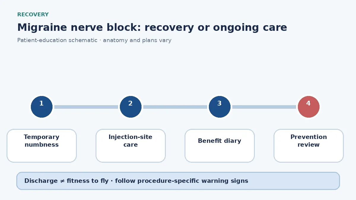 Migraine nerve-block aftercare diagram showing temporary numbness, warning signs and preventive-treatment review