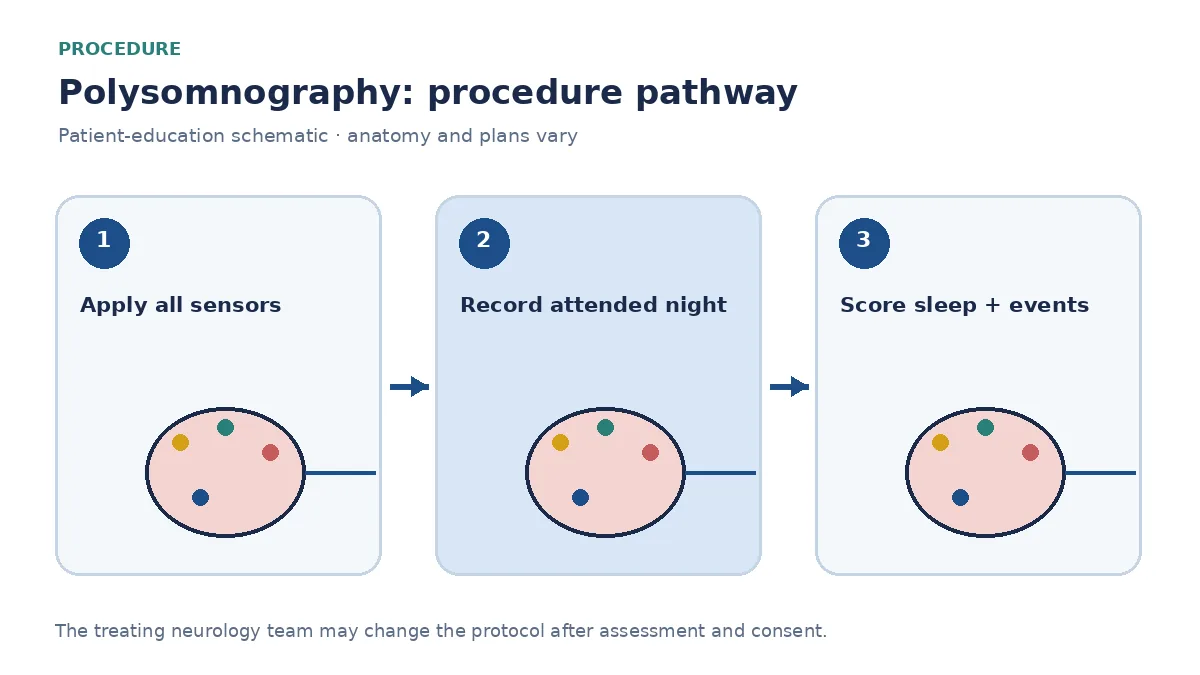Numbered sleep-study pathway showing evening sensor setup, attended overnight recording and scored interpretation