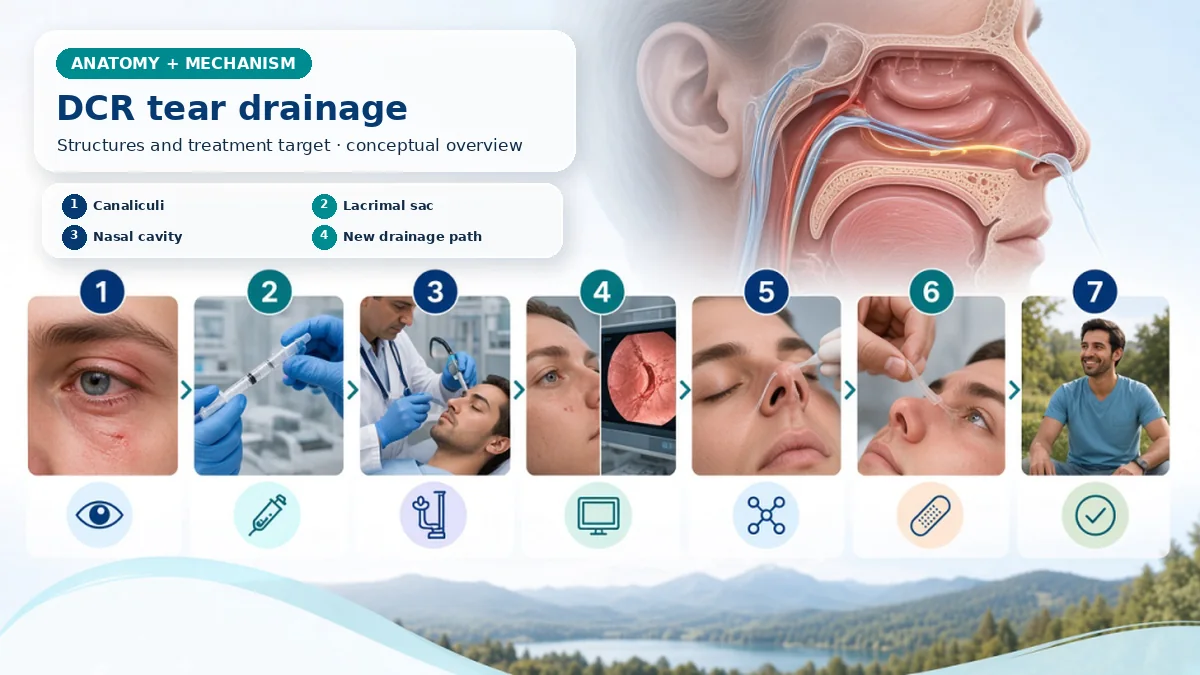 Realistic Dacryocystorhinostomy (DCR) / Tear Duct Surgery anatomy and mechanism composition showing DCR creates a drainage passage between the lacrimal sac and nasal cavity, bypassing an obstructed nasolacrimal duct; canaliculi remain a separate proximal pathway. with procedure-specific clinical examination scenes