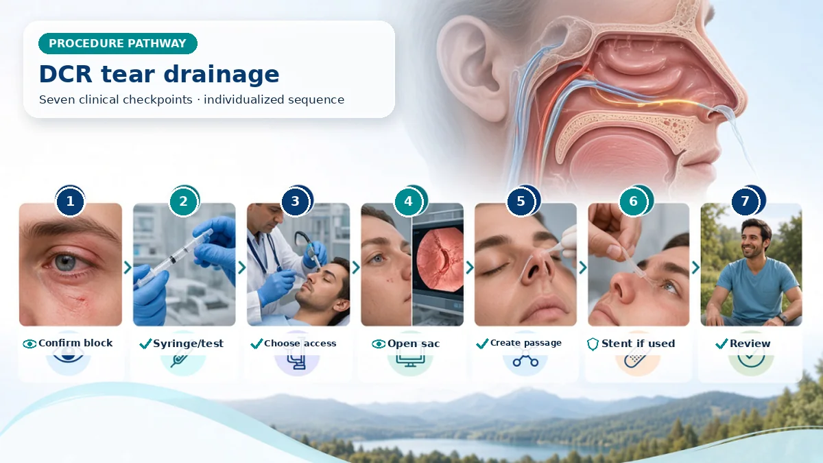 Realistic numbered Dacryocystorhinostomy (DCR) / Tear Duct Surgery pathway showing assessment, preparation, Through an external skin or endoscopic nasal approach, bone and mucosa are opened to connect sac with nose; a silicone stent may be used. and immediate clinical review