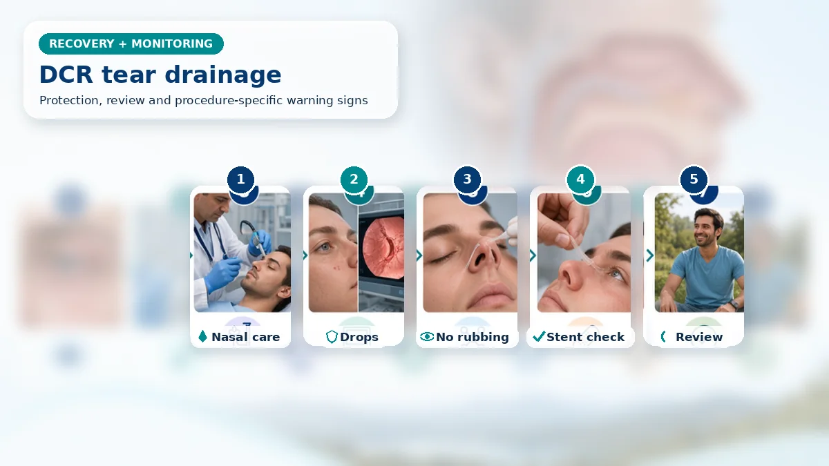 Realistic Dacryocystorhinostomy (DCR) / Tear Duct Surgery recovery composition with patient-care scenes showing monitoring, protection, follow-up and urgent review after DCR tear duct surgery
