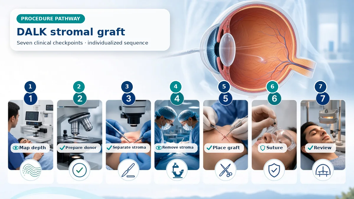Realistic numbered DALK pathway showing assessment, preparation, The surgeon separates and removes anterior and deep stroma, preserves recipient Descemet membrane, places a donor stromal graft and sutures it. and immediate clinical review