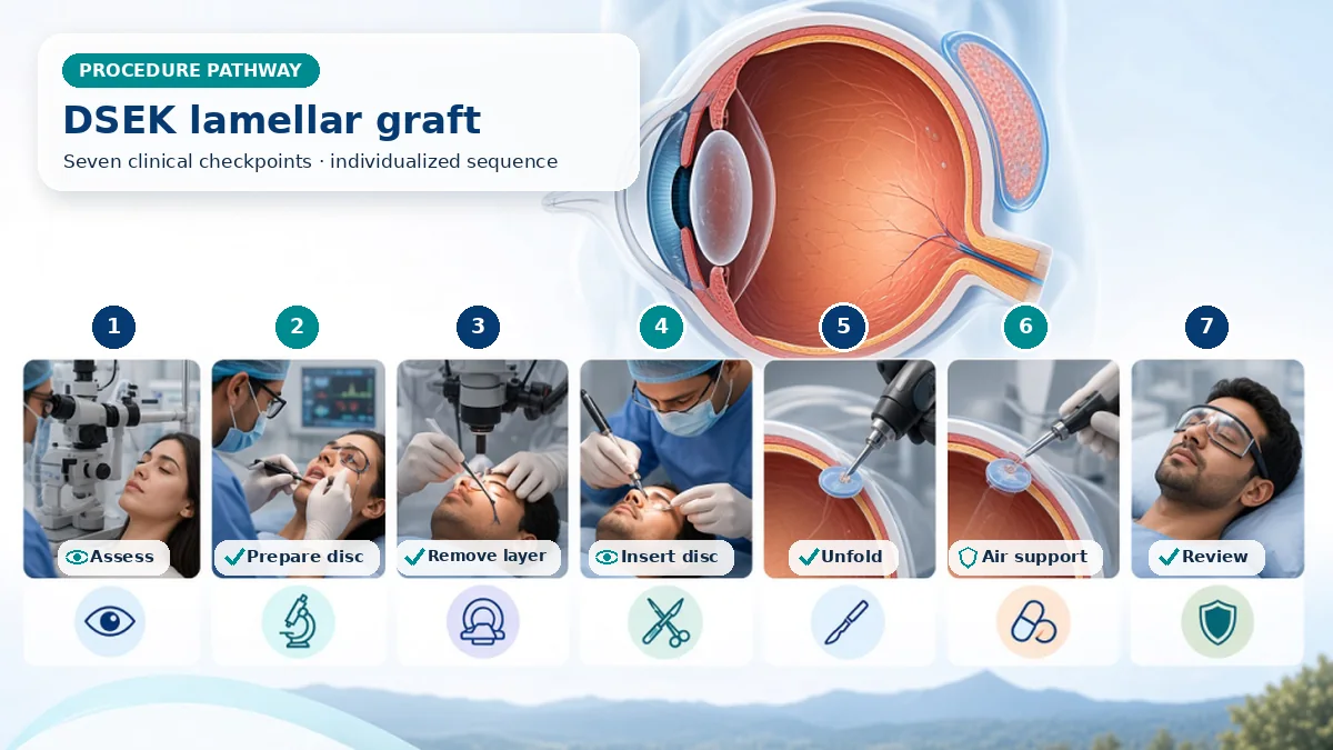 Realistic numbered DSEK pathway showing assessment, preparation, Recipient posterior membrane is removed, the prepared donor disc is inserted and unfolded, and air or gas supports adherence to recipient stroma. and immediate clinical review