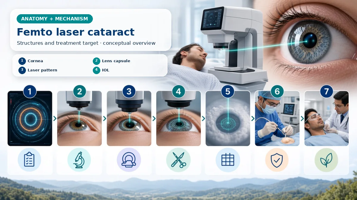 Realistic Femto Laser Cataract Surgery anatomy and mechanism composition showing Femtosecond-assisted cataract surgery applies planned laser pulses to selected corneal, anterior-capsule and lens structures before lens removal and IOL placement. with procedure-specific clinical examination scenes