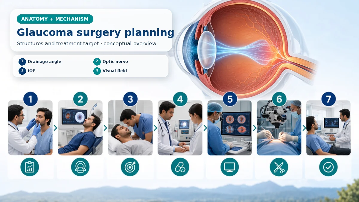 Realistic Glaucoma Surgery anatomy and mechanism composition showing Glaucoma damages the optic nerve, often in relation to intraocular pressure and aqueous drainage through the angle; surgery is an umbrella covering distinct pressure-lowering routes. with procedure-specific clinical examination scenes