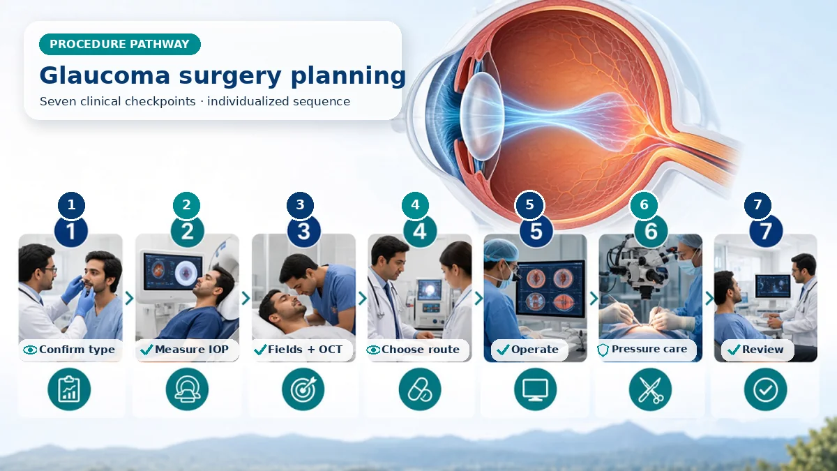 Realistic numbered Glaucoma Surgery pathway showing assessment, preparation, The chosen procedure improves outflow or reduces aqueous production through laser, trabecular or angle work, bleb filtration, a drainage device or another named method. and immediate clinical review