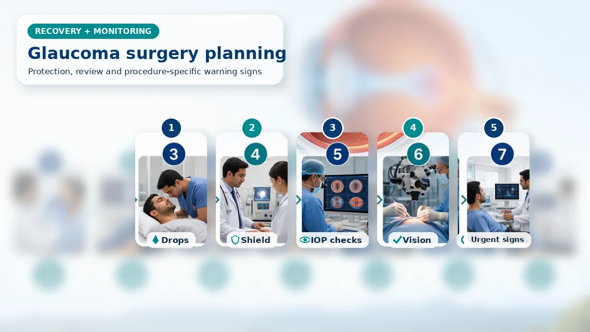 Realistic Glaucoma Surgery recovery composition with patient-care scenes showing monitoring, protection, follow-up and urgent review after glaucoma surgery