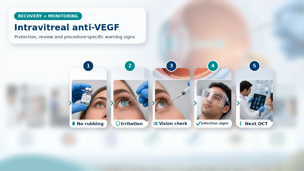 Realistic Intravitreal Anti-VEGF Injection recovery composition with patient-care scenes showing monitoring, protection, follow-up and urgent review after intravitreal anti-VEGF injection