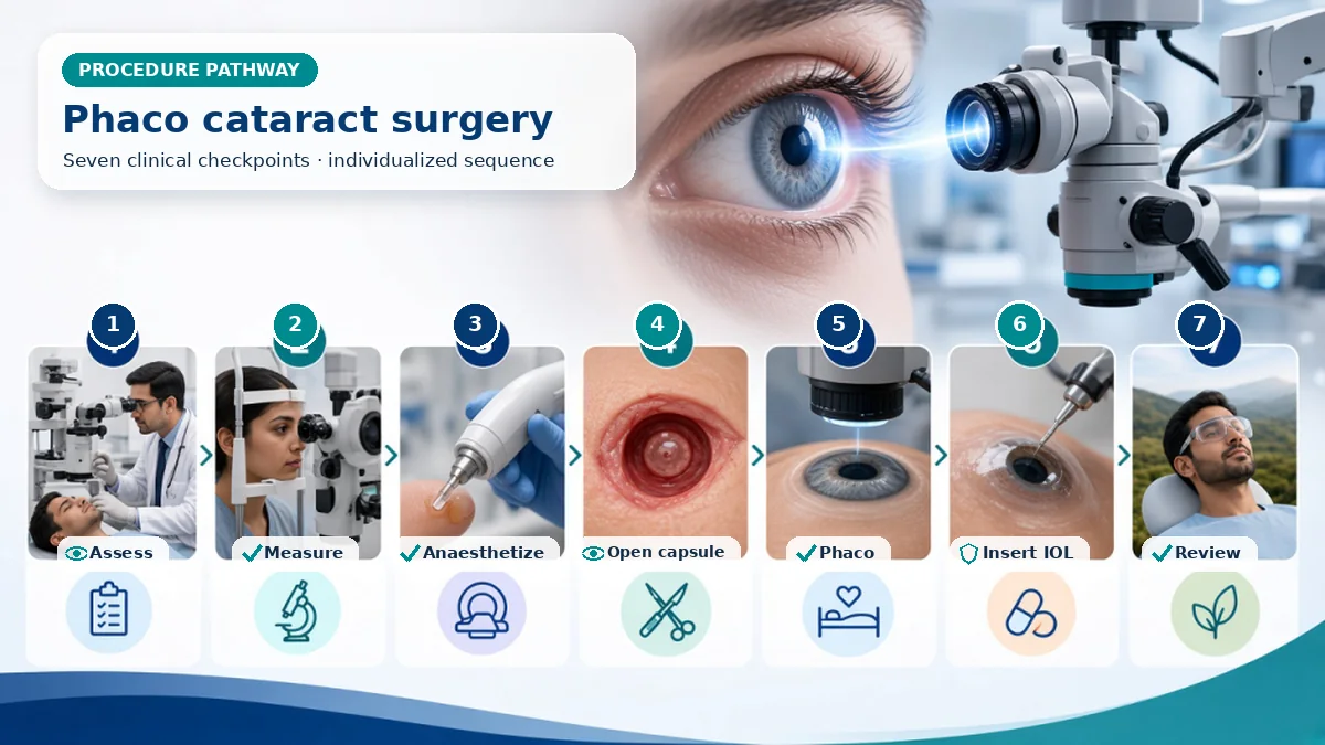 Realistic numbered Phacoemulsification Cataract Surgery pathway showing assessment, preparation, Through a small incision, the surgeon creates a capsular opening, divides and aspirates the lens with controlled ultrasound, preserves the bag and inserts the calculated IOL. and immediate clinical review
