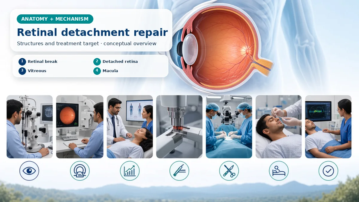 Realistic Retinal Detachment Surgery anatomy and mechanism composition showing Retinal detachment separates neurosensory retina from supporting tissue; breaks, vitreous traction, fluid extent and macular involvement guide repair. with procedure-specific clinical examination scenes