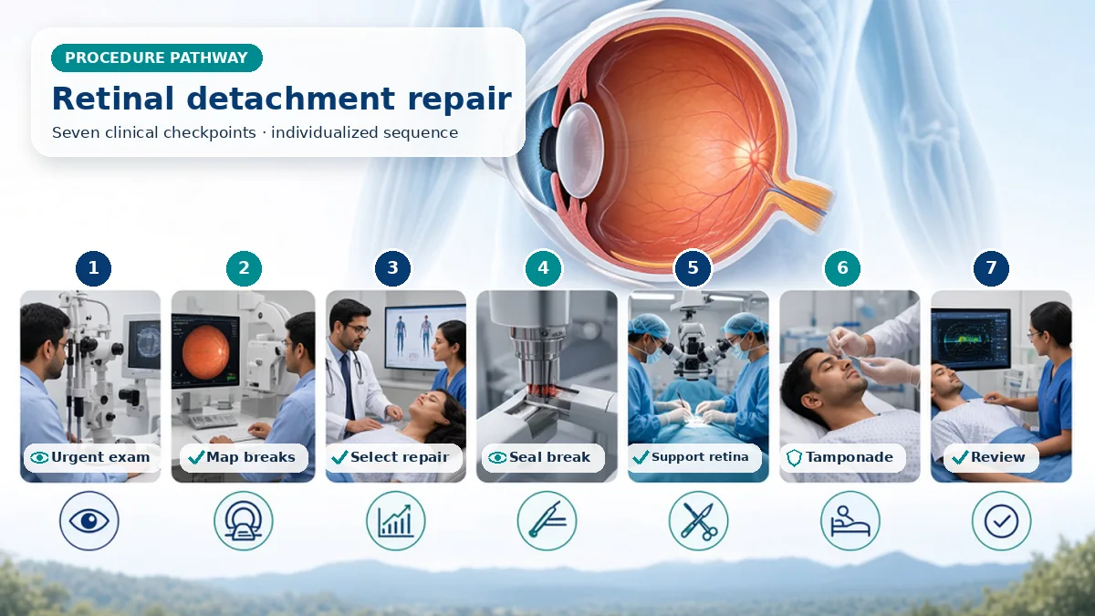 Realistic numbered Retinal Detachment Surgery pathway showing assessment, preparation, The surgeon seals retinal breaks and supports reattachment using buckle, vitrectomy, laser or cryotherapy and air, gas or silicone oil as individually planned. and immediate clinical review