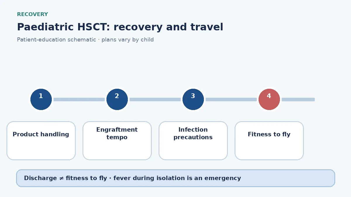 Pediatric hematology recovery after HSCT showing isolation, graft-source-dependent count recovery and fitness to fly