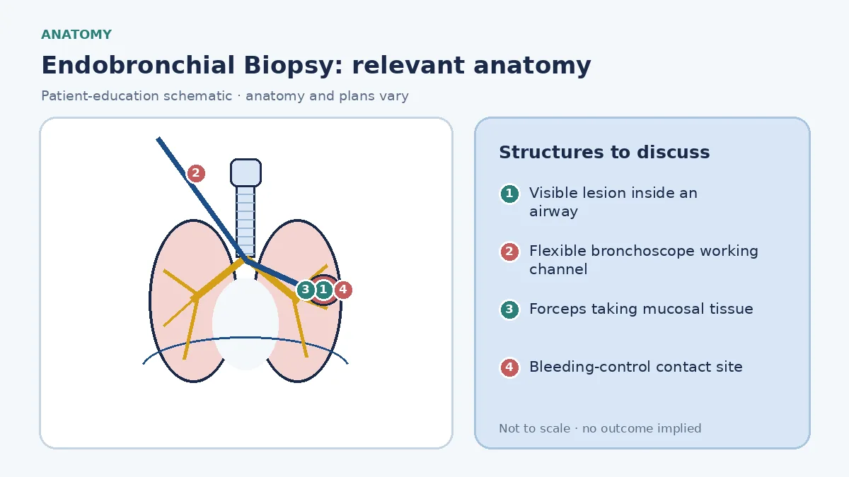Educational airway schematic showing a visible endobronchial lesion, flexible bronchoscope working channel, forceps taking a targeted mucosal bite and the adjacent contact zone used for bleeding control