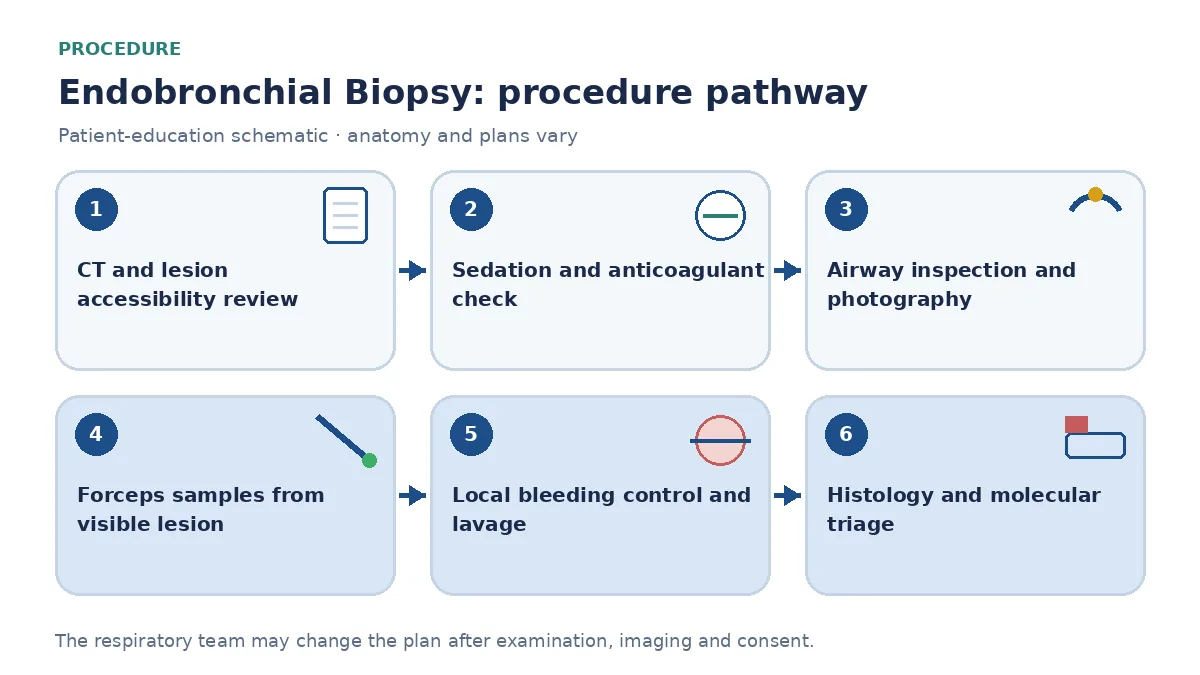 Endobronchial-biopsy pathway showing CT accessibility review, anticoagulant and sedation assessment, airway photography, multiple forceps samples, local haemostasis and planned histology or molecular allocation