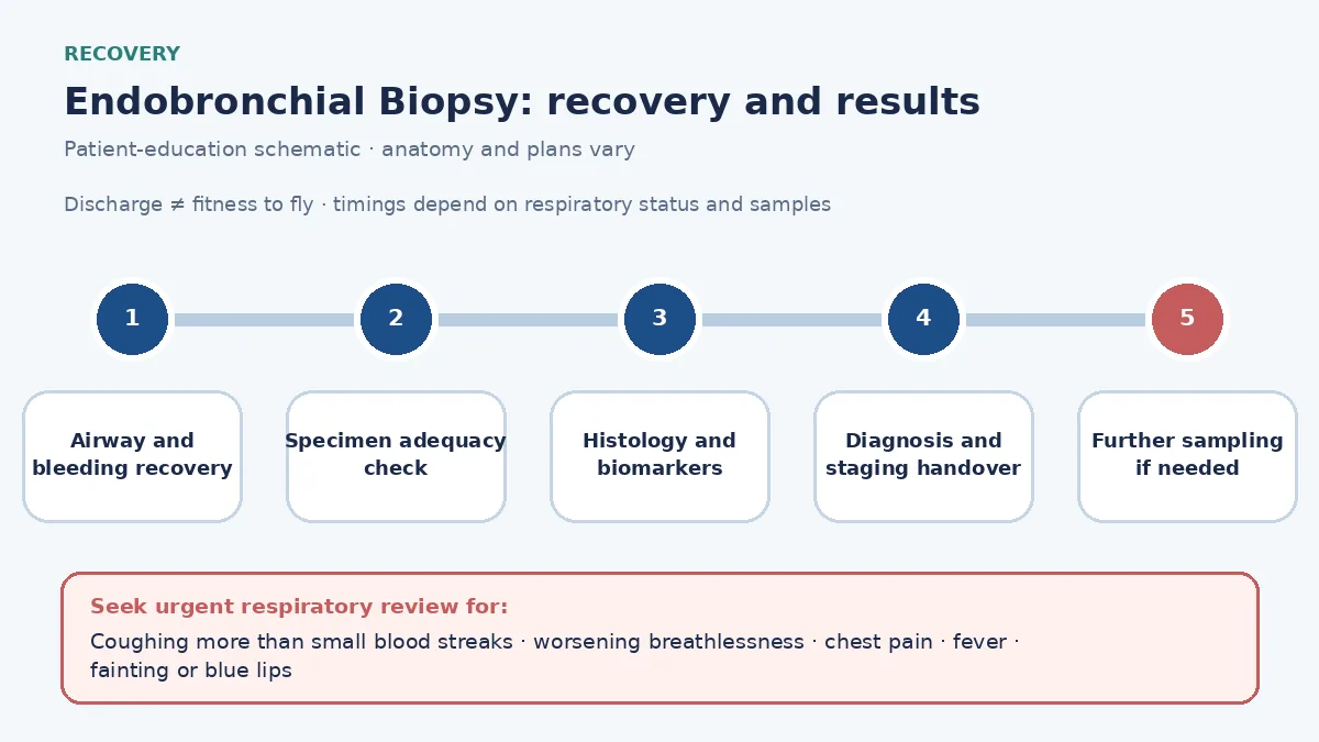 Endobronchial-biopsy recovery timeline showing oxygen and bleeding observation, specimen adequacy, histology and biomarkers, diagnosis or staging handover, urgent airway signs and travel clearance