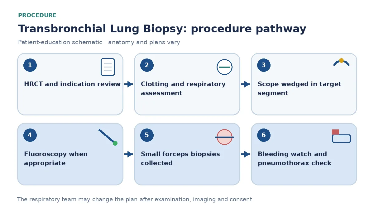 Transbronchial-lung-biopsy pathway showing HRCT selection, clotting and oxygen assessment, segmental scope wedging, optional fluoroscopy, multiple forceps specimens, bleeding control and pneumothorax evaluation