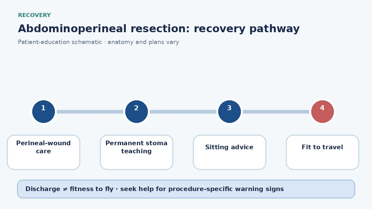 APR recovery pathway showing perineal-wound care, permanent stoma teaching and delayed travel clearance