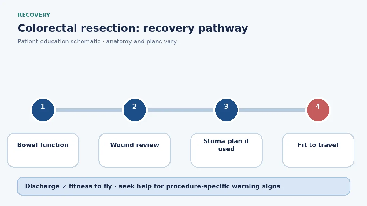 Colorectal-resection recovery pathway showing bowel-function return, wound care and optional stoma teaching