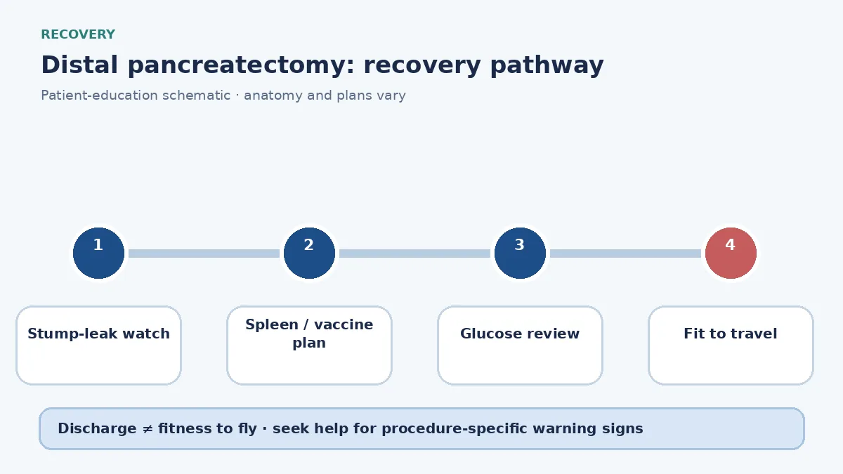 Distal-pancreatectomy recovery pathway showing stump-leak watch, vaccine counselling and travel clearance