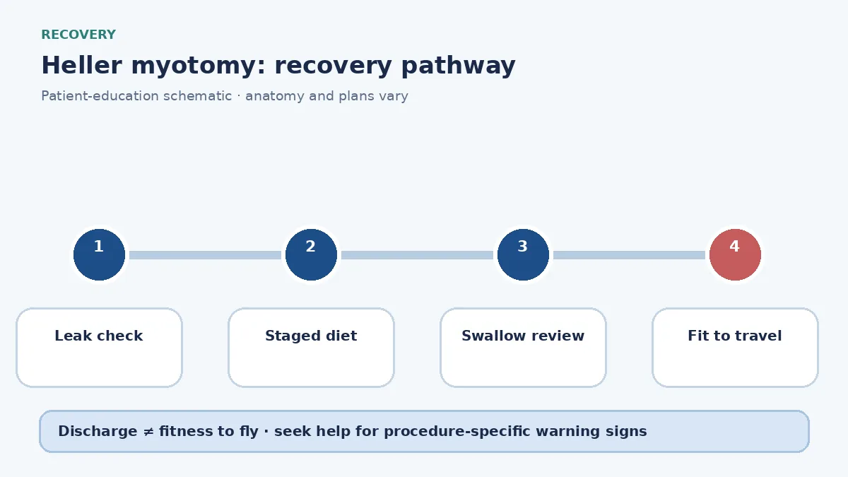 Heller myotomy recovery pathway showing leak check, staged diet and swallow follow-up