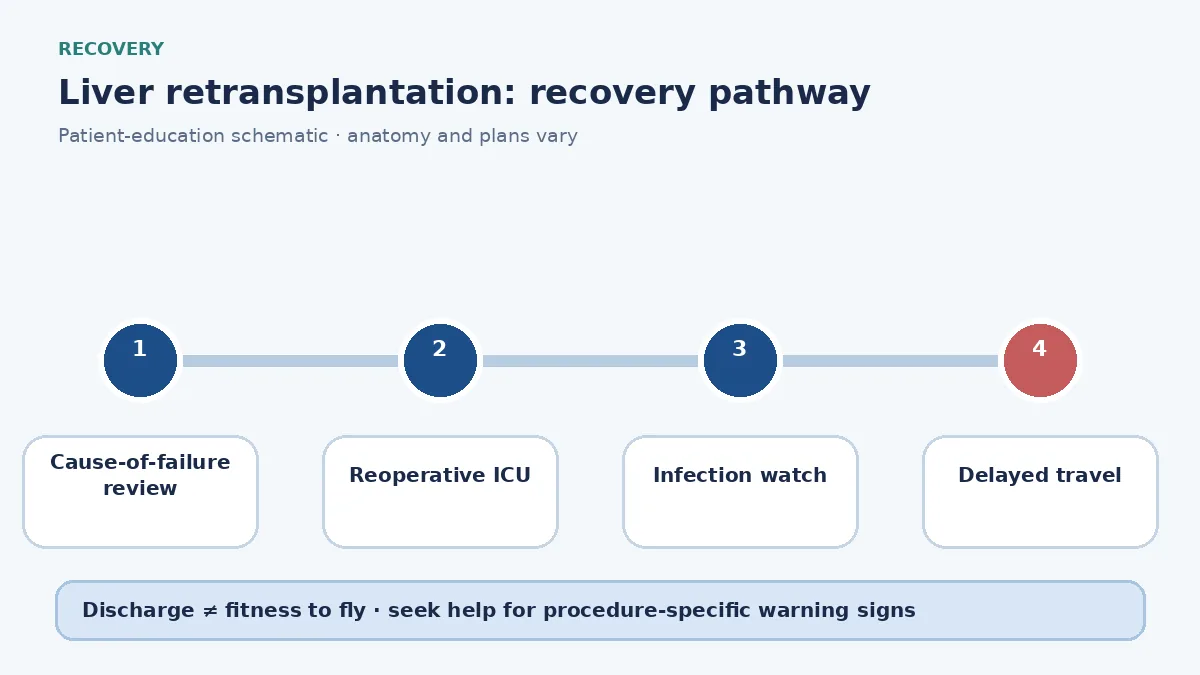 Liver retransplantation recovery pathway showing intensive graft monitoring, infection watch and delayed travel clearance
