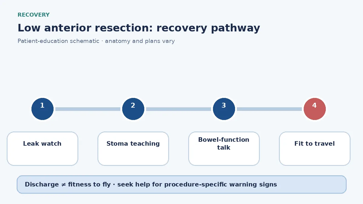 LAR recovery pathway showing leak watch, stoma teaching and bowel-function counselling