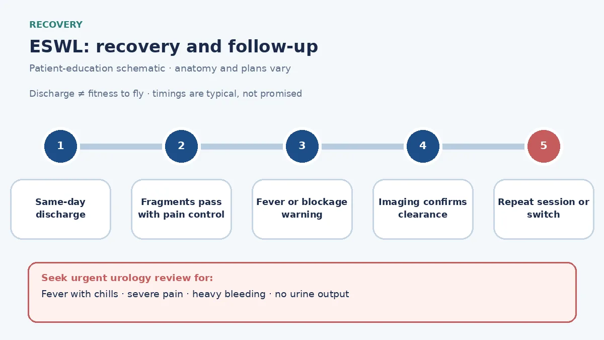 ESWL recovery pathway infographic showing same-day discharge, fragment passage with pain control, fever and blockage warning signs, follow-up imaging and decision on a further session