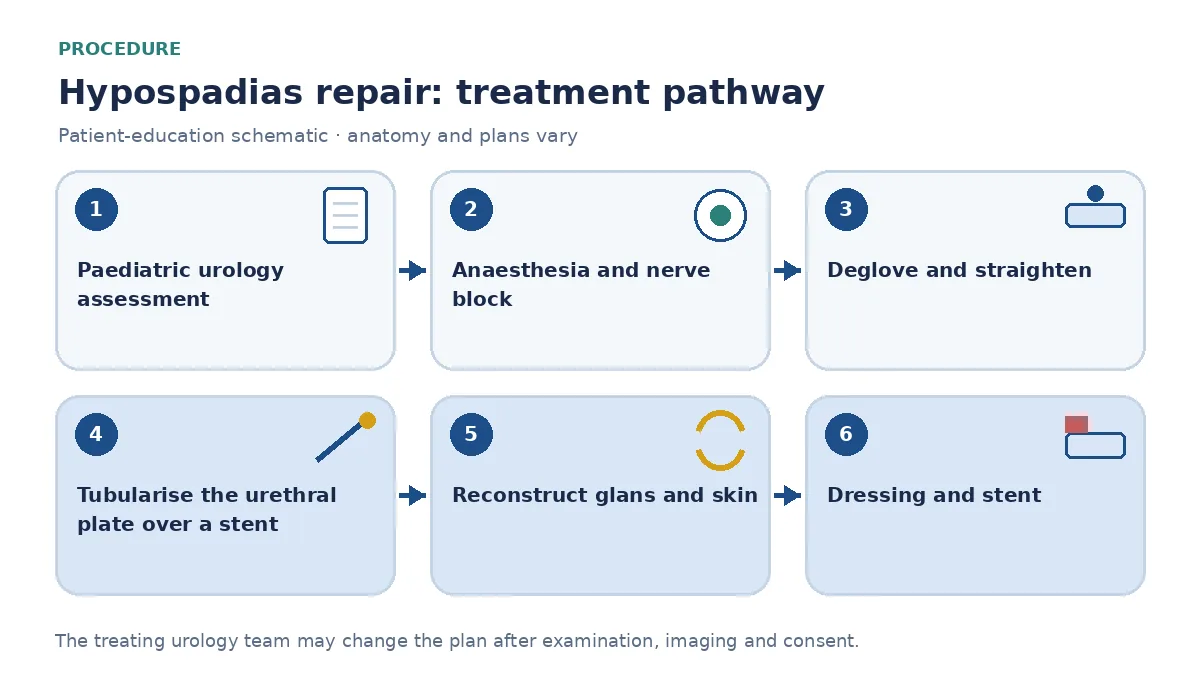 Step-by-step hypospadias repair pathway infographic showing paediatric urology assessment, anaesthesia and nerve block, degloving and straightening, tubularising the urethral plate over a stent, glans and skin reconstruction and dressing
