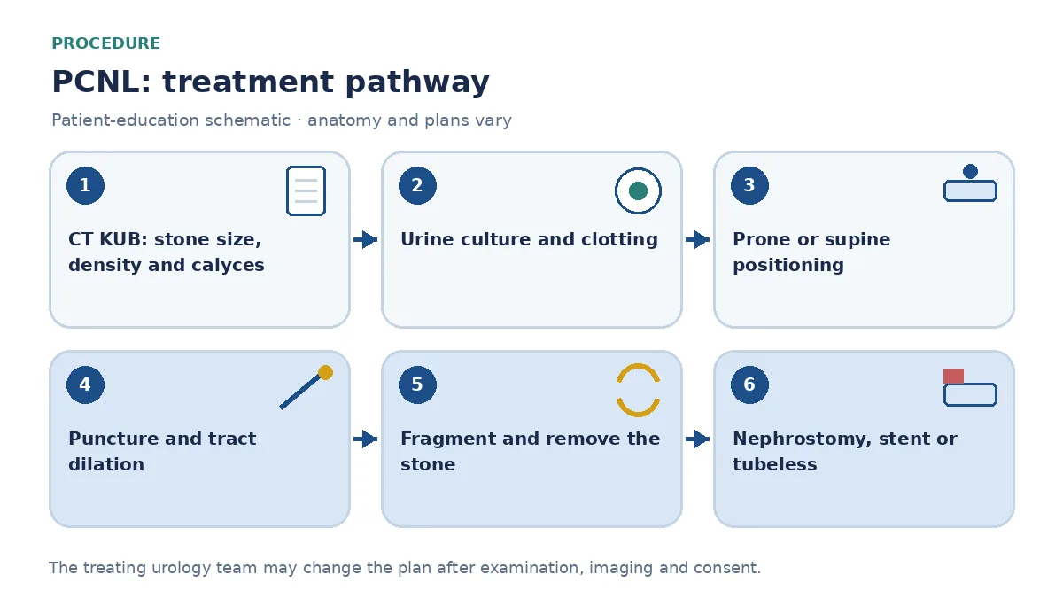 Step-by-step PCNL pathway infographic showing CT stone assessment, urine culture, percutaneous puncture and tract dilation, laser or ultrasonic fragmentation, fragment removal and nephrostomy or stent placement