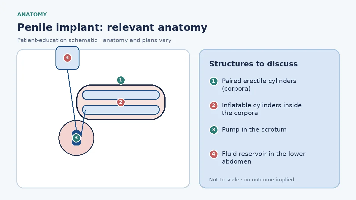 Medical infographic of penile implant anatomy showing the paired erectile cylinders of the penis with inflatable cylinders inside them, a pump in the scrotum and a fluid reservoir in the lower abdomen, alongside a malleable rod alternative