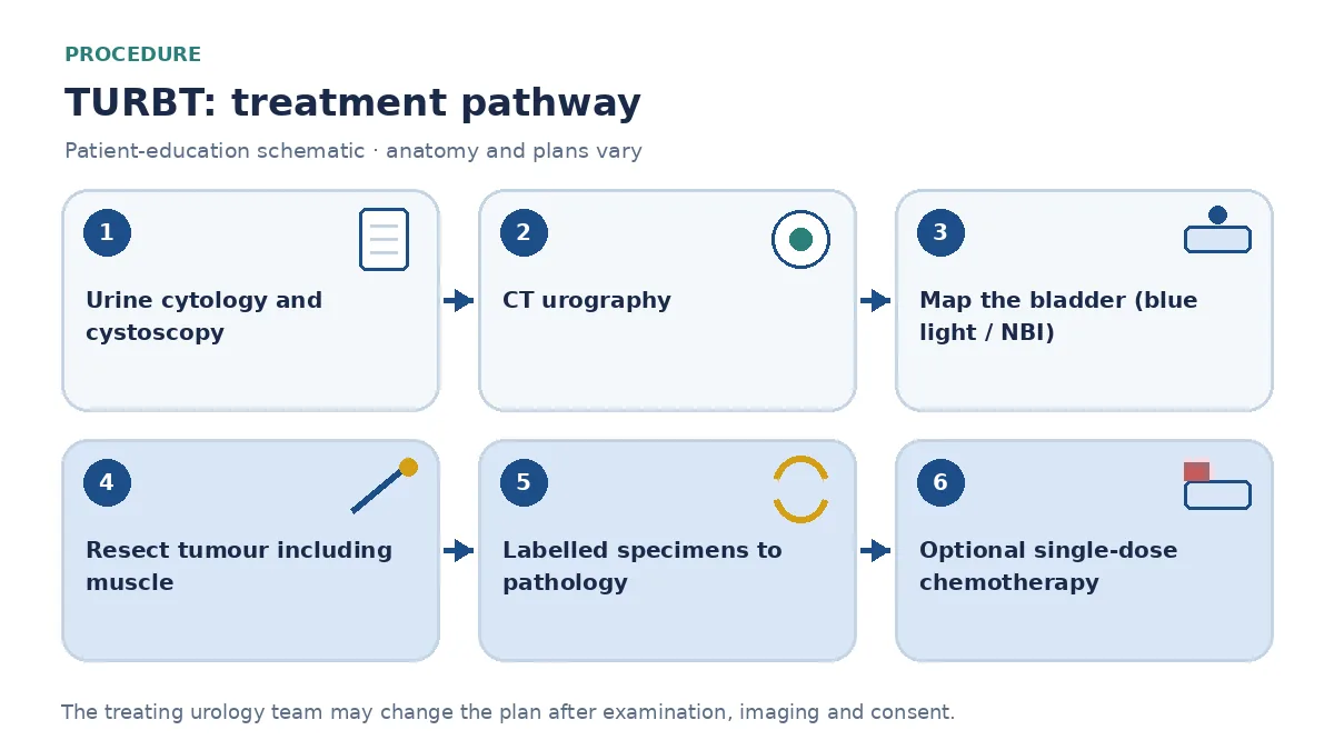 Step-by-step TURBT pathway infographic showing urine cytology and cystoscopy, CT urography, bladder mapping with enhanced imaging, resection including muscle, labelled specimens to histopathology and optional single-dose intravesical chemotherapy
