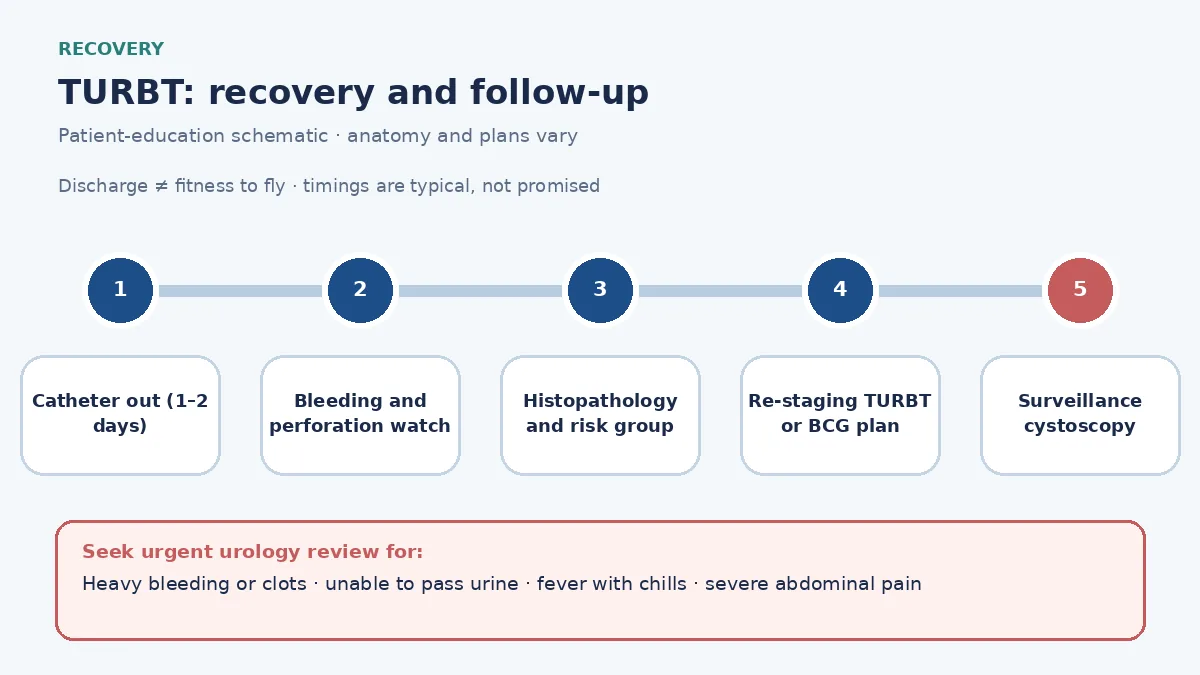TURBT recovery pathway infographic showing catheter removal, bleeding and perforation warnings, histopathology review, risk grouping, re-staging resection or BCG decision and surveillance cystoscopy schedule