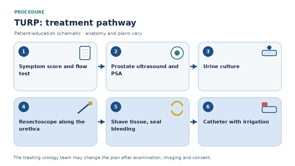 Step-by-step TURP pathway infographic showing symptom score and flow test, prostate ultrasound and PSA, urine culture, transurethral resection with irrigation, chip removal for histopathology and catheter placement