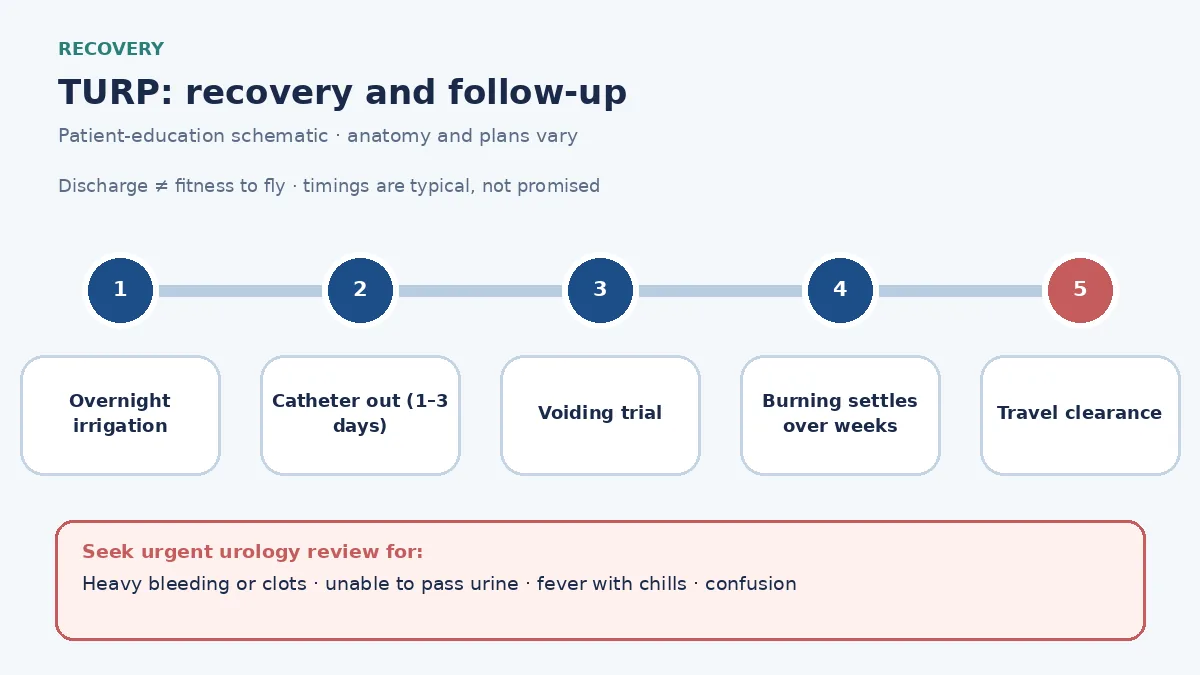TURP recovery pathway infographic showing overnight irrigation, catheter removal and voiding trial, bleeding and fever warnings, four-week healing expectations and travel clearance