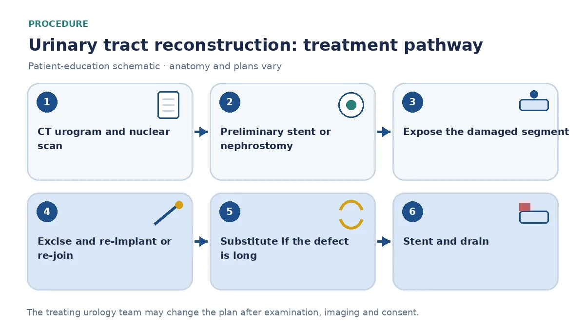 Step-by-step urinary tract reconstruction pathway infographic showing CT urogram and nuclear scan, preliminary stent or nephrostomy, exposure of the damaged segment, excision and re-implantation or substitution over a stent, and drain placement