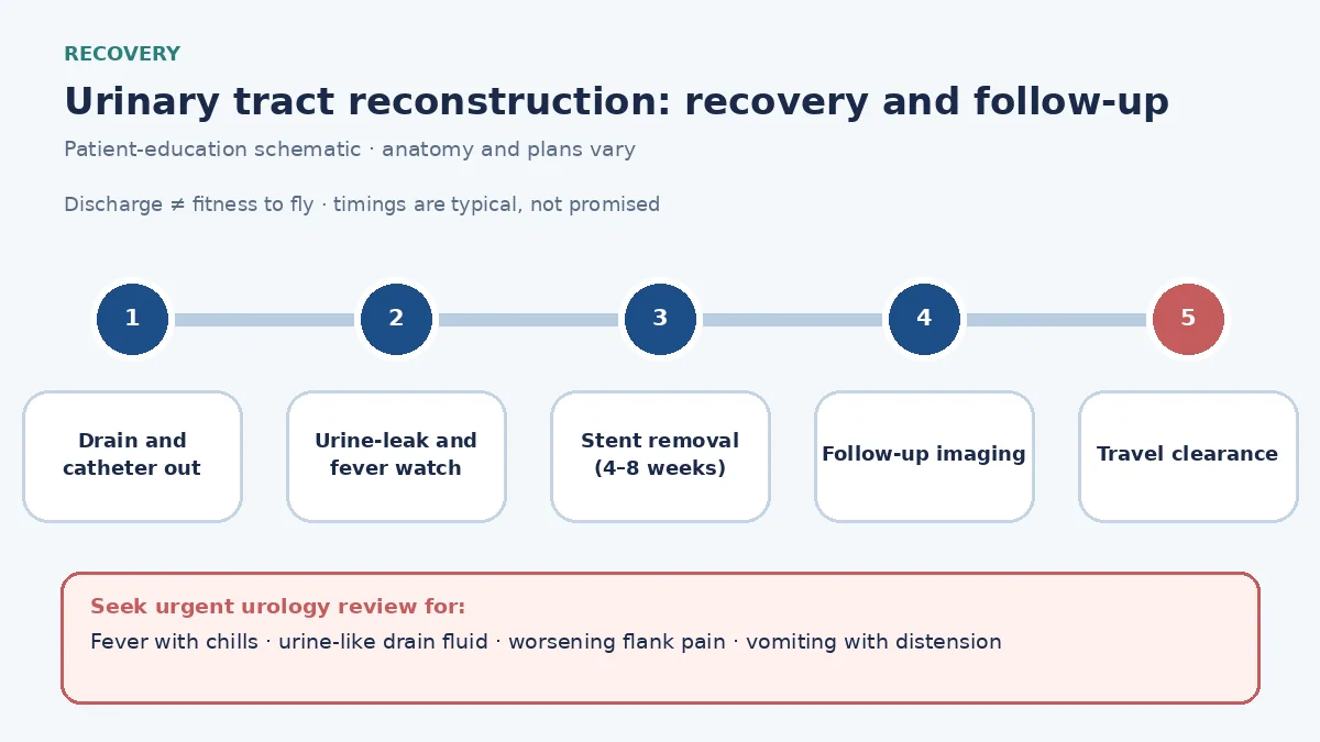 Urinary tract reconstruction recovery pathway infographic showing drain and catheter removal, urine-leak and fever monitoring, stent removal at four to eight weeks, follow-up imaging and travel clearance