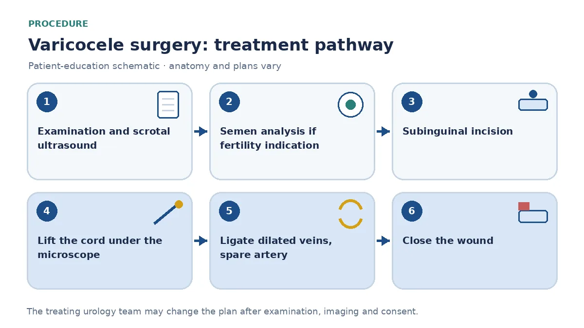 Step-by-step varicocele surgery pathway infographic showing examination and scrotal ultrasound, semen analysis, small subinguinal incision, microscope-guided ligation of dilated veins with artery and lymphatic preservation and wound closure