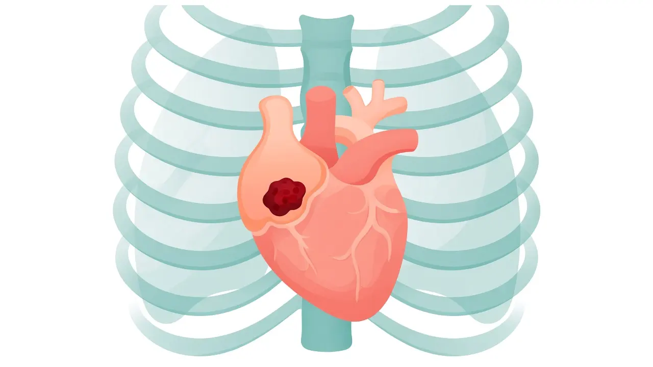 A dark clot inside a small pouch on the upper part of the heart