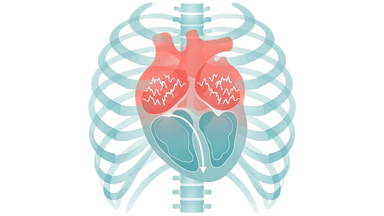 Irregular marks in the upper chambers of the heart and a steadier arrow below