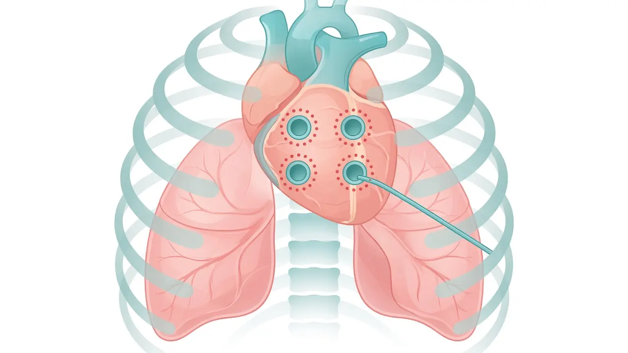 Four openings on the heart, each ringed with ablation points, and a catheter