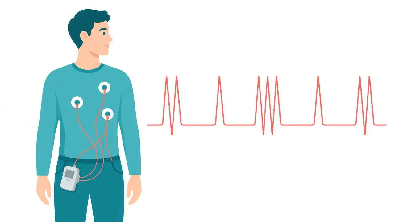 Chest electrodes, a waist recorder, and a tracing with uneven gaps between peaks