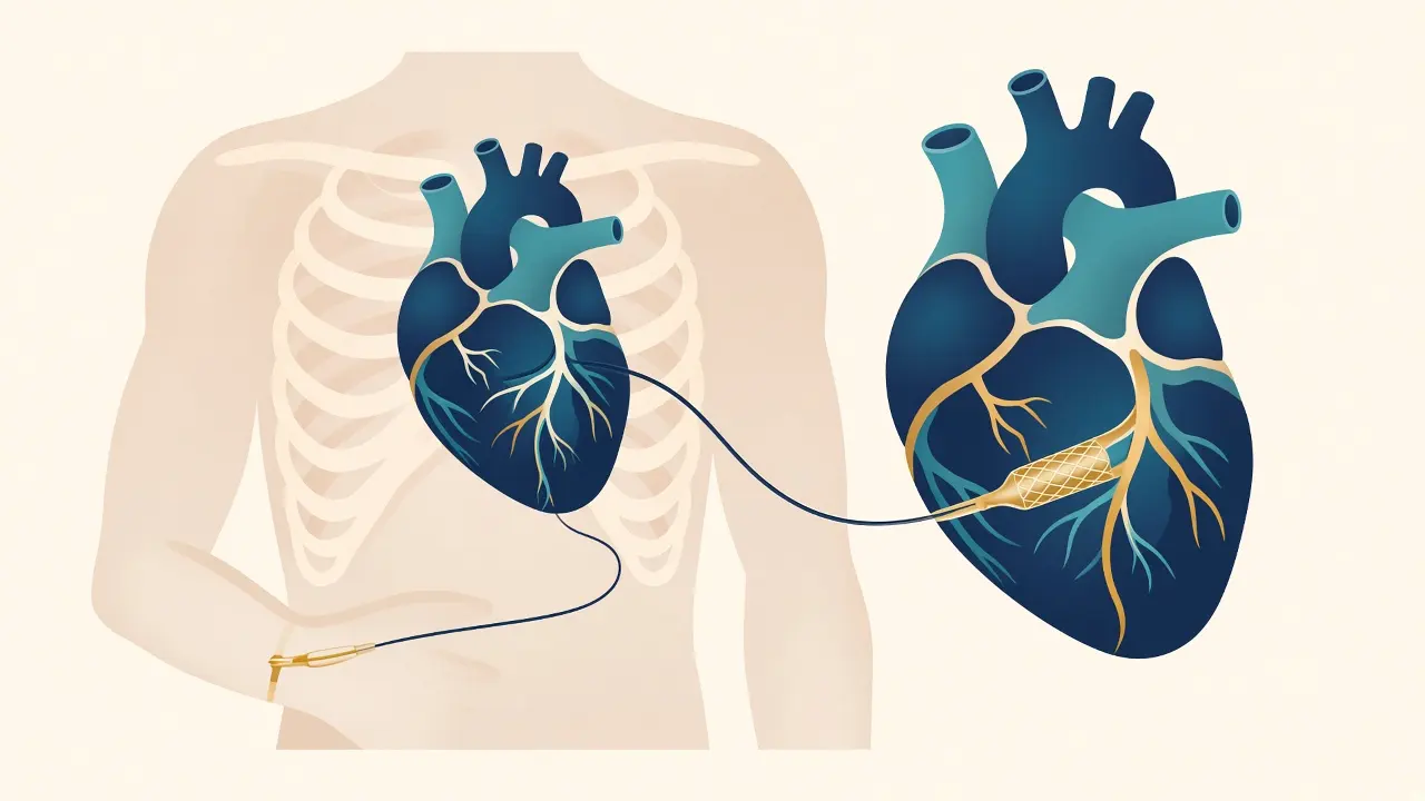 A catheter from the wrist to the heart, with a close view of a mesh stent inside a coronary artery