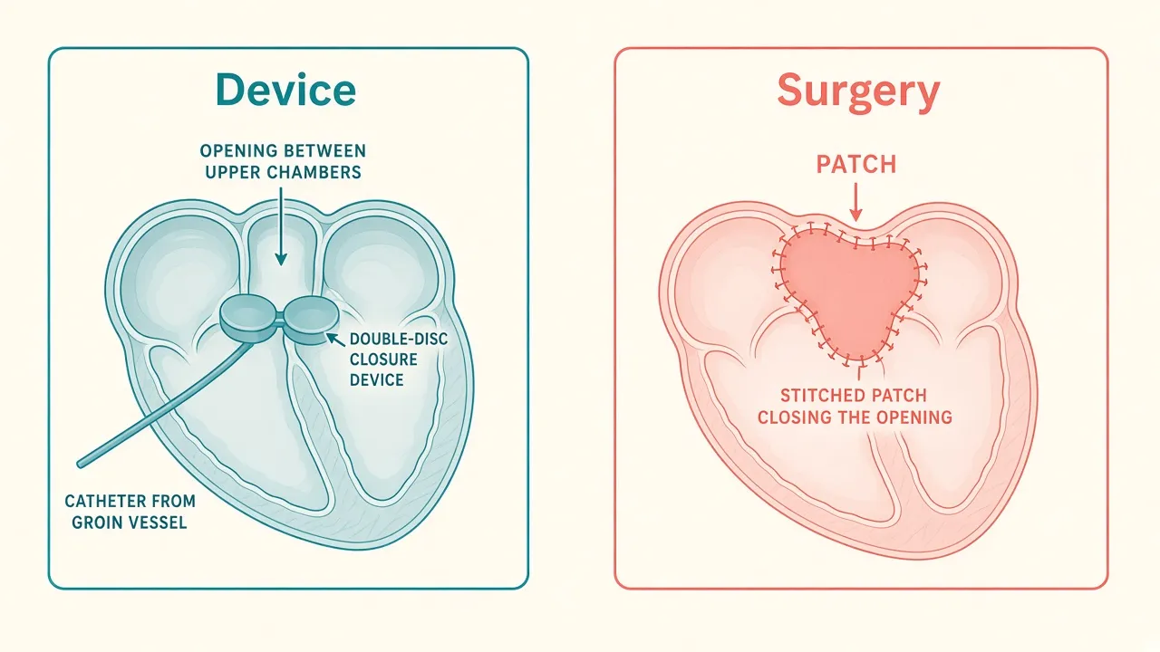 Two panels labeled Device and Surgery: a catheter with a double-disc closure device, and a stitched patch closing an opening