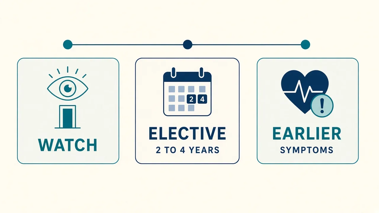 Three cards labeled Watch, Elective 2 to 4 years, and Earlier symptoms