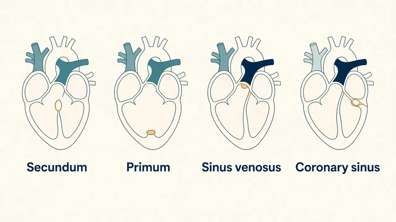 Four heart diagrams labeled secundum, primum, sinus venosus and coronary sinus, each marking a different opening