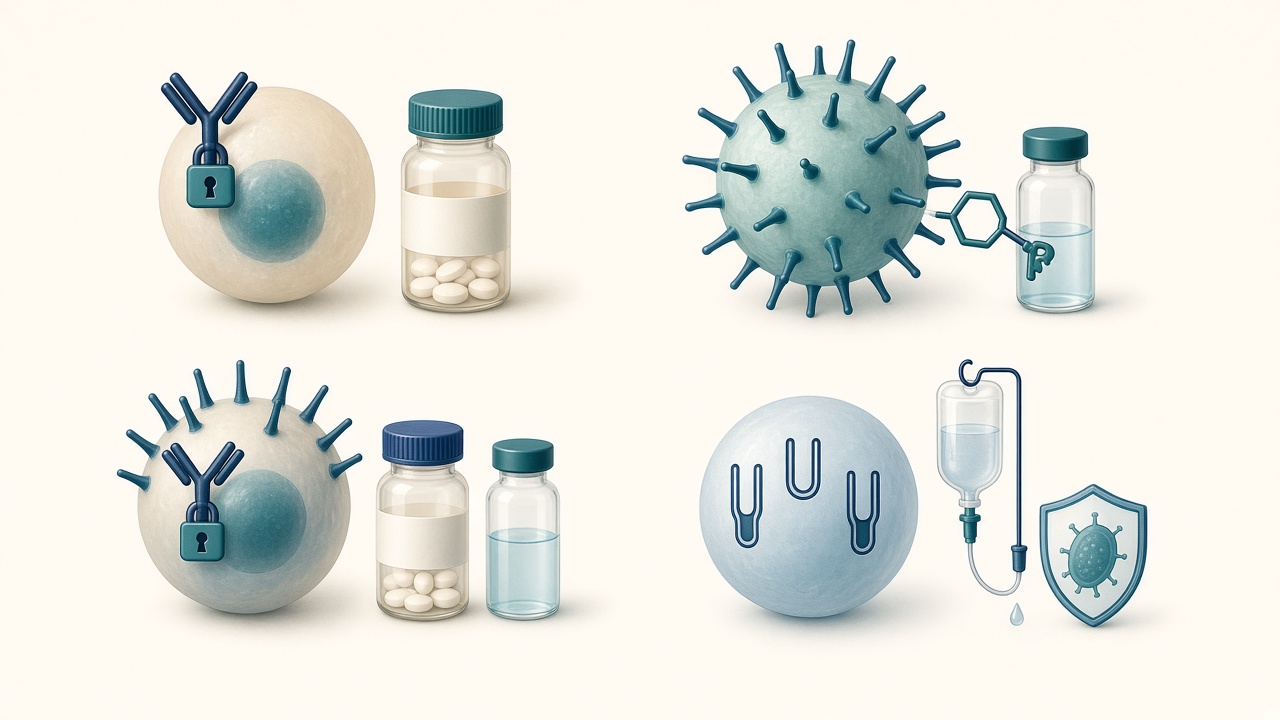 Four visual treatment pathways: hormone-receptor disease with pills, HER2-positive disease with a targeted vial, dual biology with both medicines, and triple-negative disease with a drip and shield